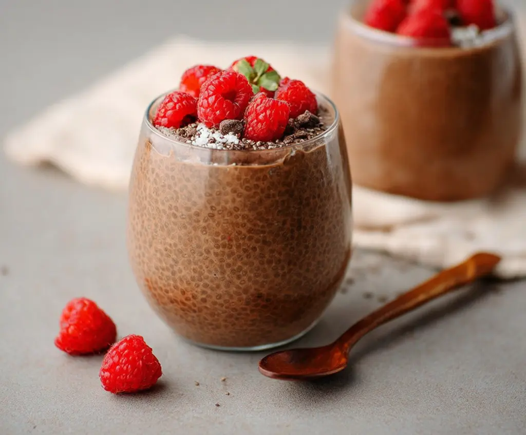 Creamy protein chocolate chia pudding in a glass bowl, topped with fresh fruit and chia seeds.
