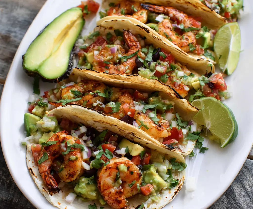 Delicious quick and easy shrimp tacos topped with fresh avocado salsa, perfect for a healthy meal.