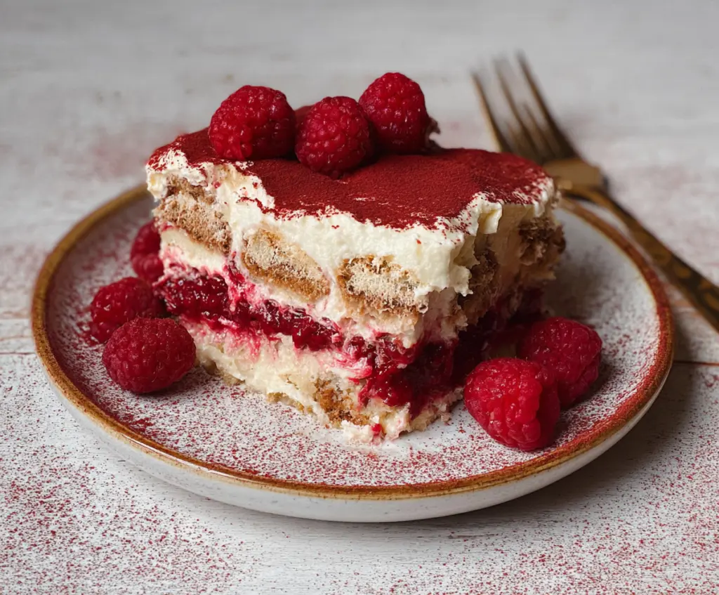 Delicious Raspberry Tiramisu with layers of creamy mascarpone and fresh raspberries