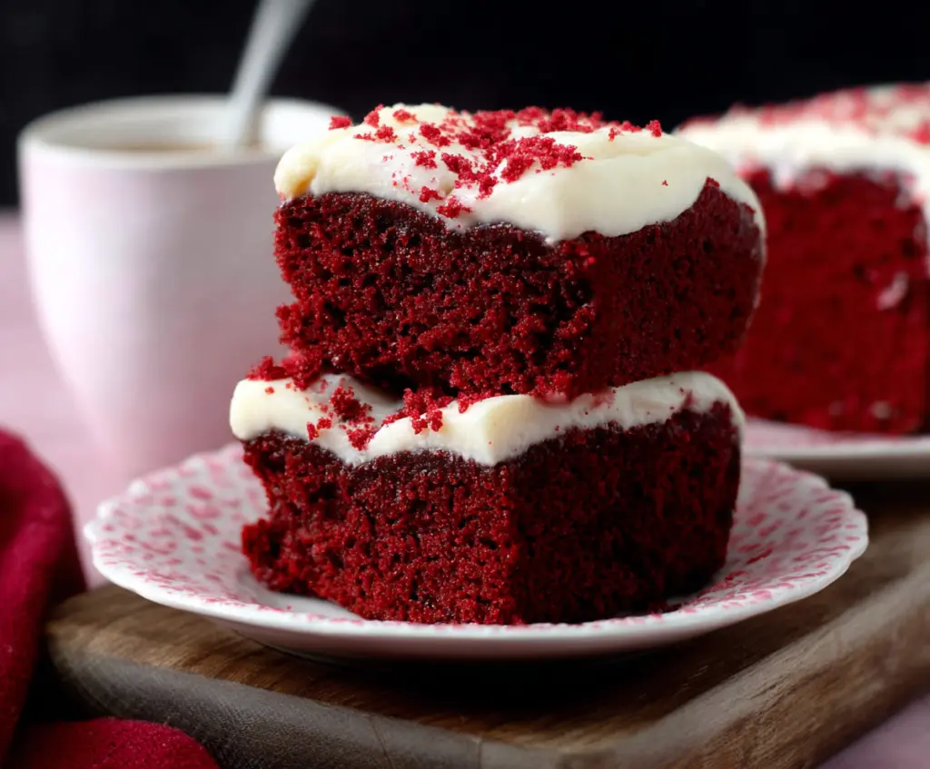 Delicious red velvet loaf cake topped with cream cheese frosting, perfect for desserts and celebrations.
