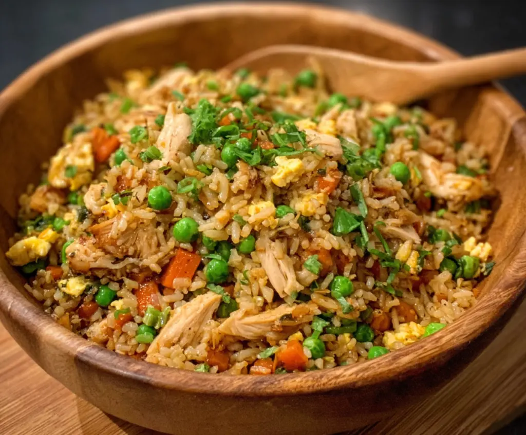 Delicious rotisserie chicken fried rice served with colorful vegetables for a quick and savory meal.