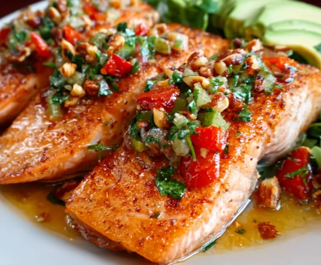 Delicious salmon fillet topped with a vibrant sizzled nut salsa, served on a white plate.
