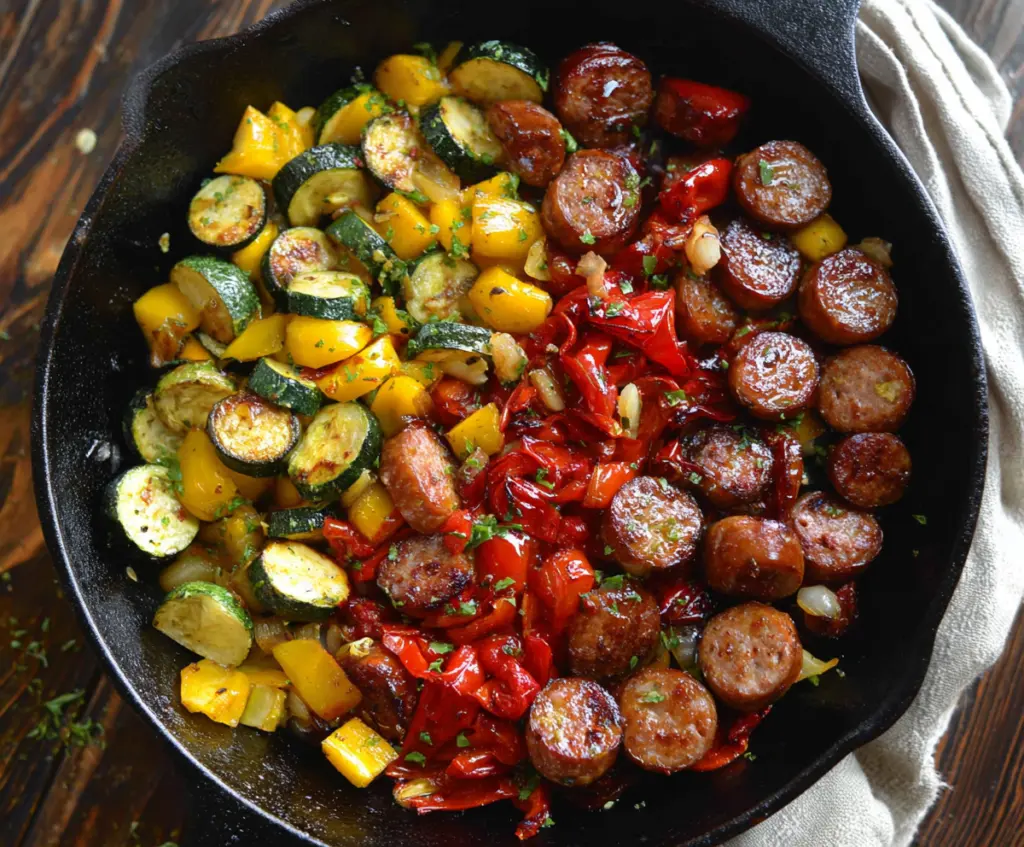 Delicious sausage and vegetable skillet featuring colorful peppers and tender sausage slices.