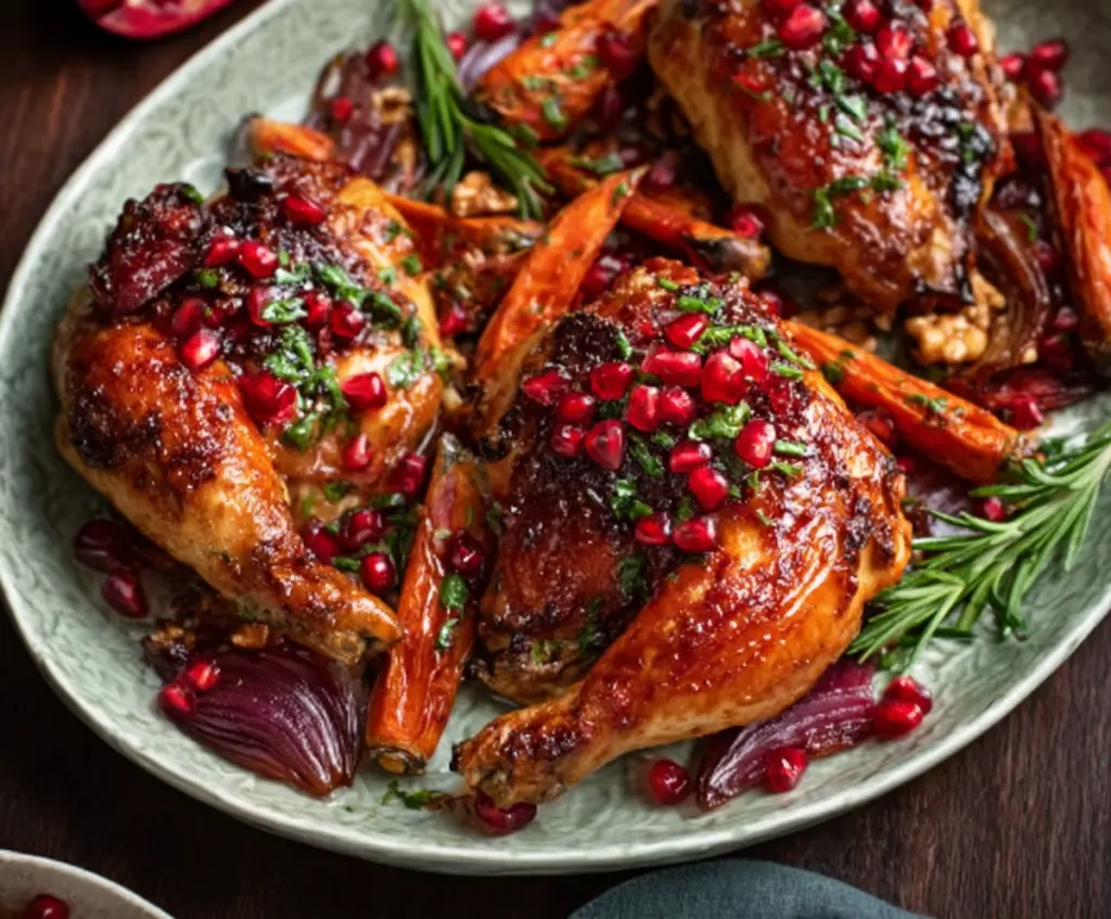 Delicious sheet-pan pomegranate chicken topped with colorful walnut relish, perfect for a healthy dinner.