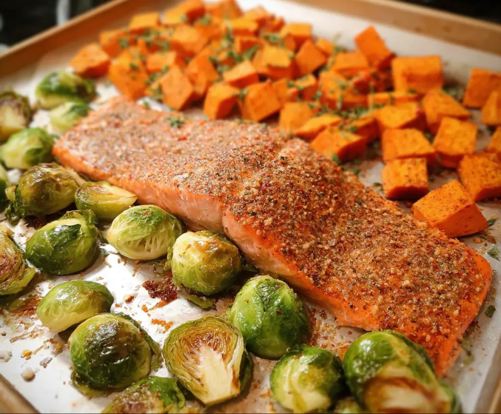 Delicious Sheet Pan Salmon with roasted Brussels sprouts and sweet potatoes, perfect for a healthy weeknight dinner.
