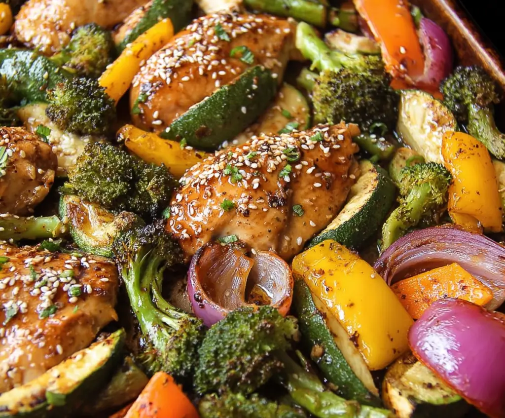 Delicious sheet pan sesame chicken with colorful vegetables ready for cooking.