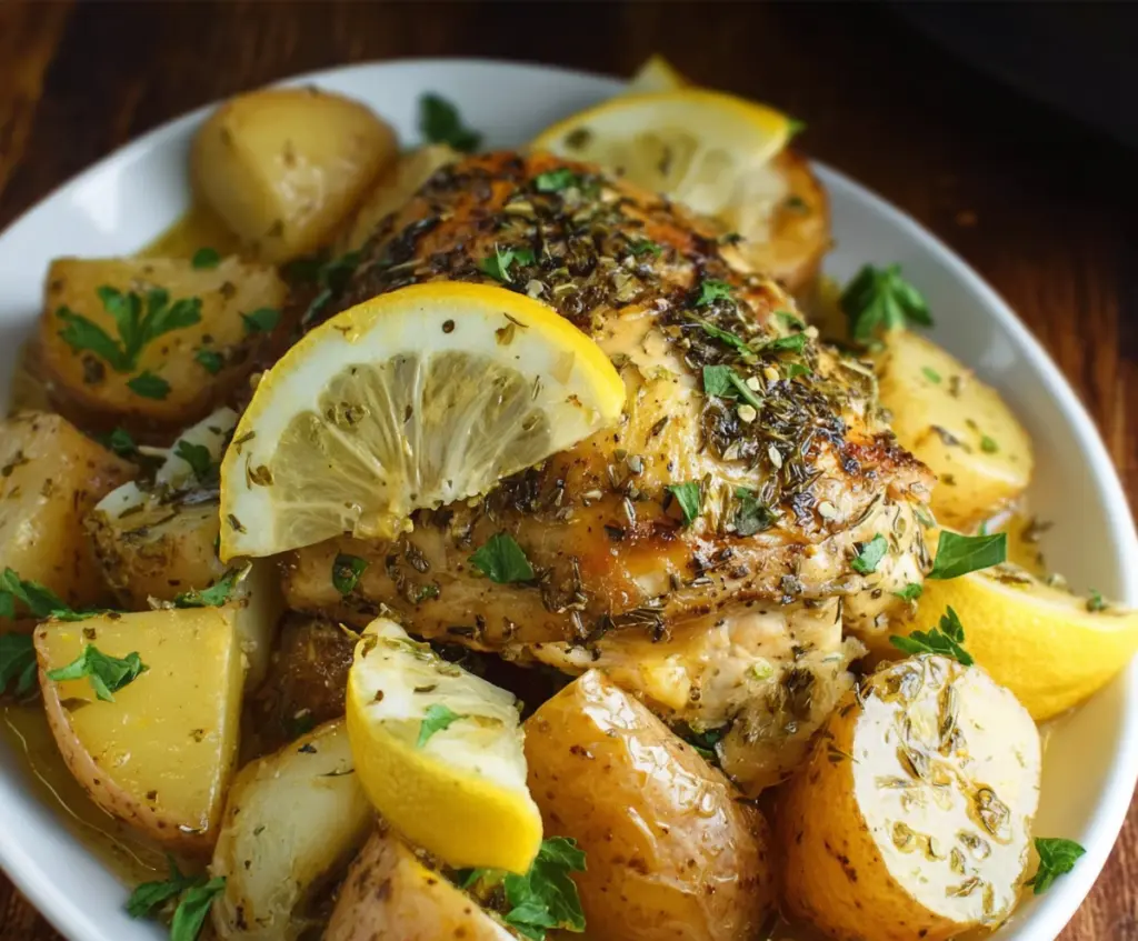 Delicious slow cooker Greek lemon chicken with roasted potatoes served on a plate.