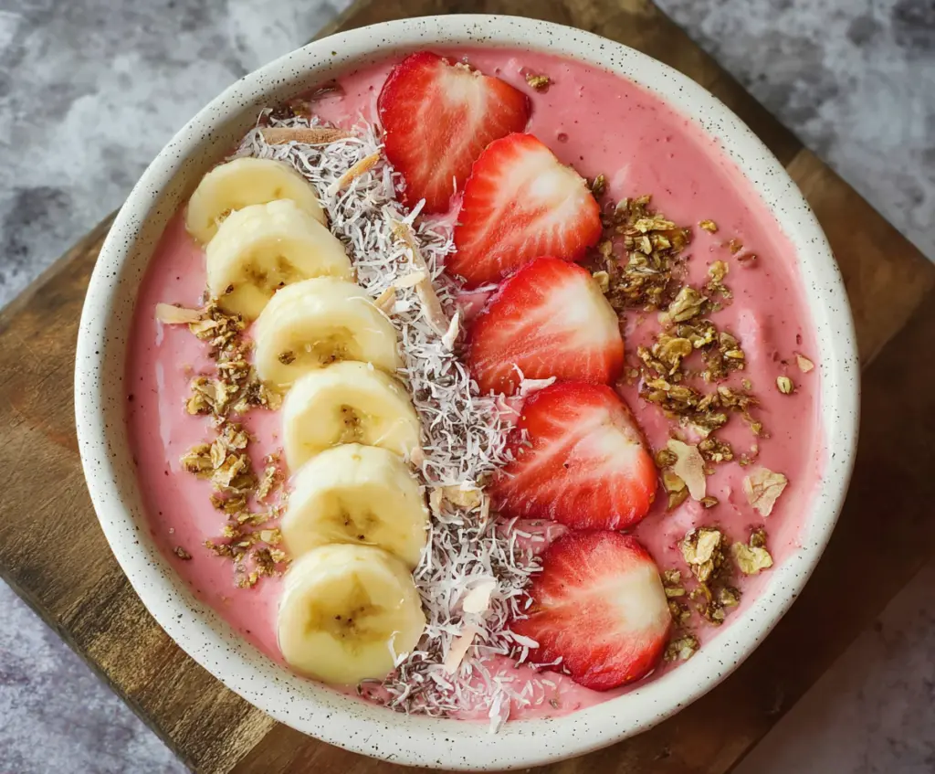 Colorful strawberry and banana smoothie bowl topped with fresh fruit and granola, perfect for a healthy breakfast.