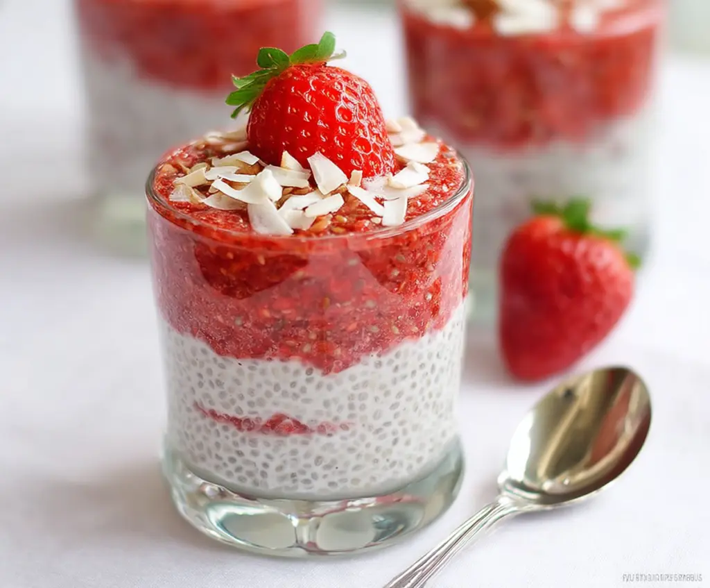 Creamy strawberry coconut chia pudding garnished with fresh strawberries and shredded coconut.