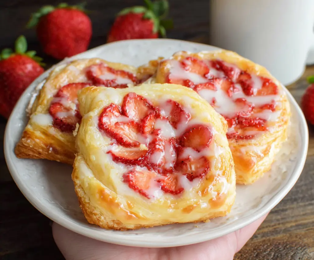 Delicious Strawberry Cream Cheese Danish pastry with fresh strawberries and creamy filling.