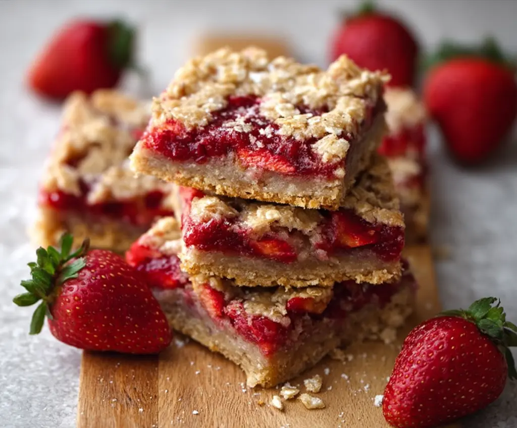 Delicious homemade strawberry oatmeal bars with a golden crust and fresh strawberries on top.