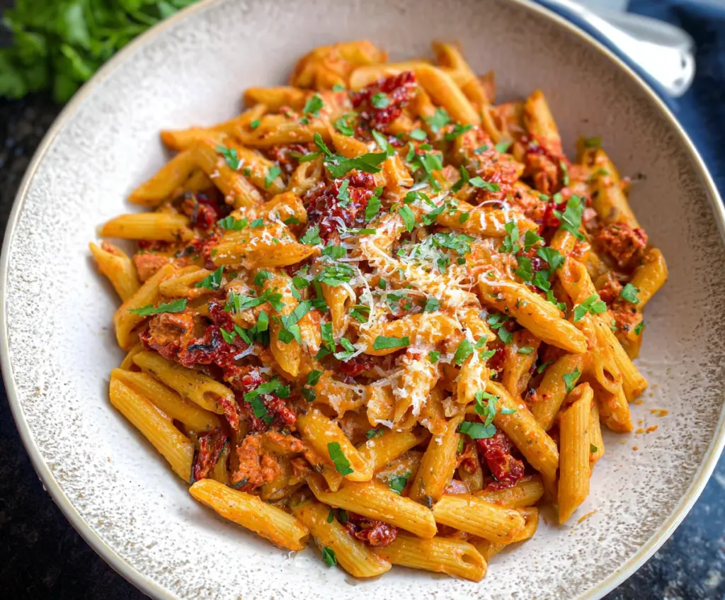 Delicious Sun-Dried Tomato Pasta garnished with fresh basil on a white plate