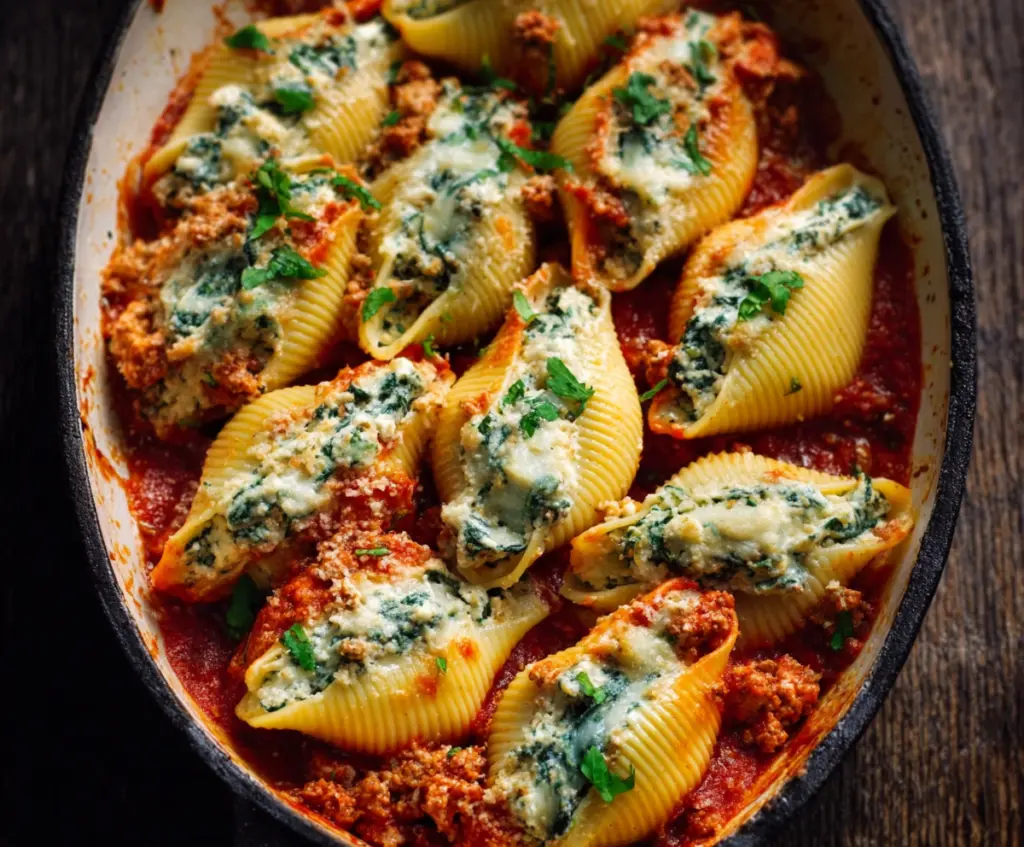 Delicious turkey and spinach stuffed shells in a baked casserole dish, topped with melted cheese