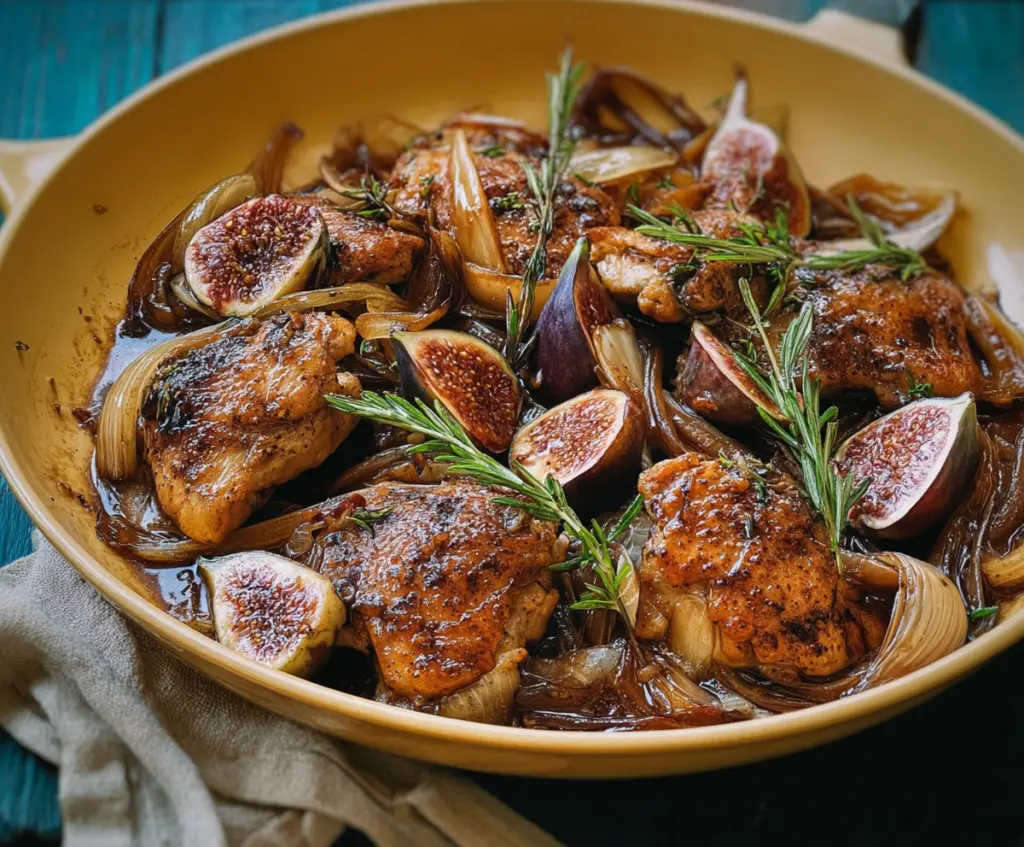 Delicious Vinegar Chicken with Figs dish served on a plate, showcasing tender chicken and ripe figs garnished with herbs.