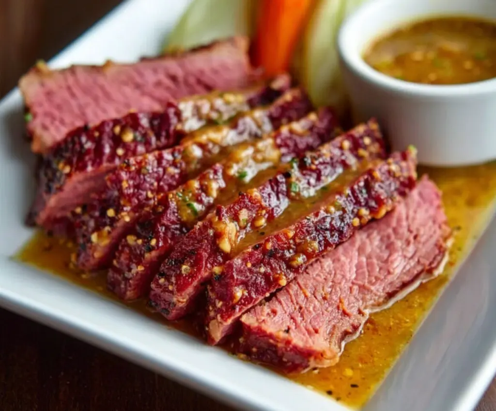 Delicious corned beef with a shiny mustard glaze served on a plate.