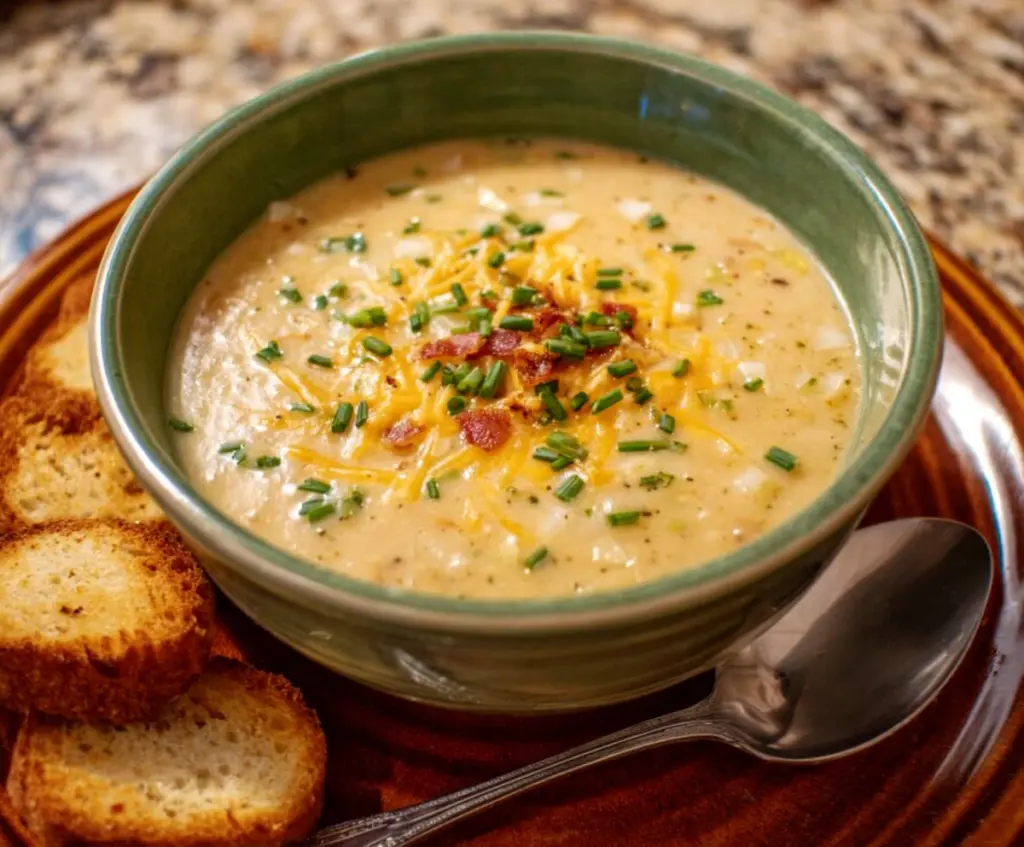 Delicious Ina Garten roasted potato leek soup served in a bowl with fresh herbs.