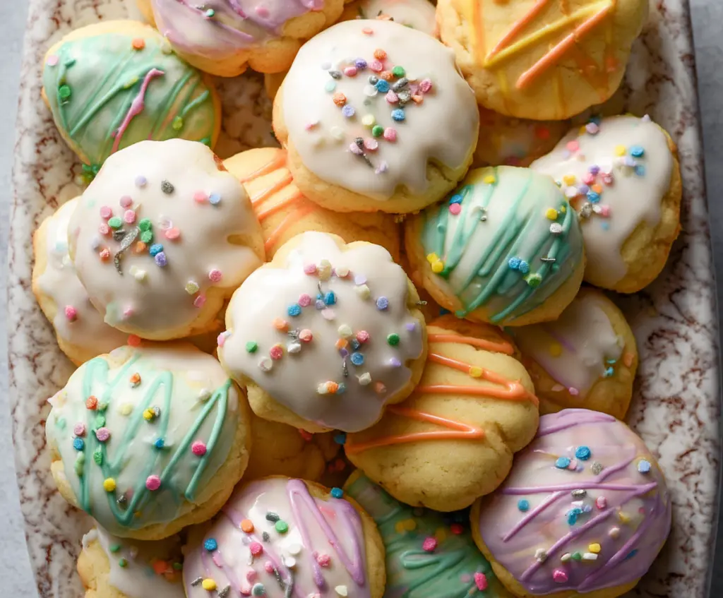 Traditional Italian Easter cookies decorated with colorful sprinkles on a festive table