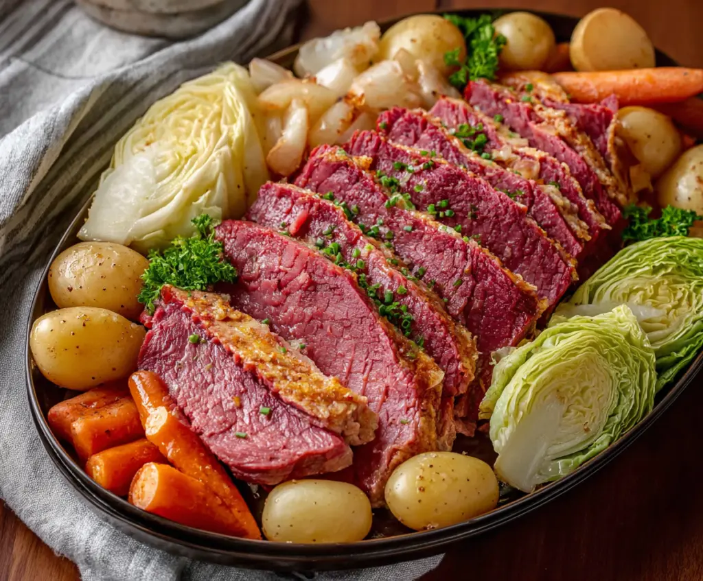Delicious Sheet Pan Corned Beef and Cabbage meal with tender beef, fresh cabbage, and colorful vegetables.