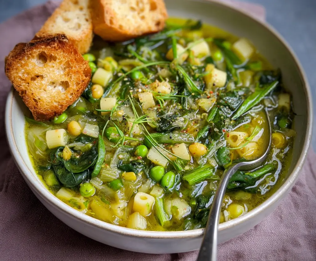 Spring Green Minestrone Soup with fresh vegetables and herbs in a bowl. Healthy and colorful vegetarian meal.